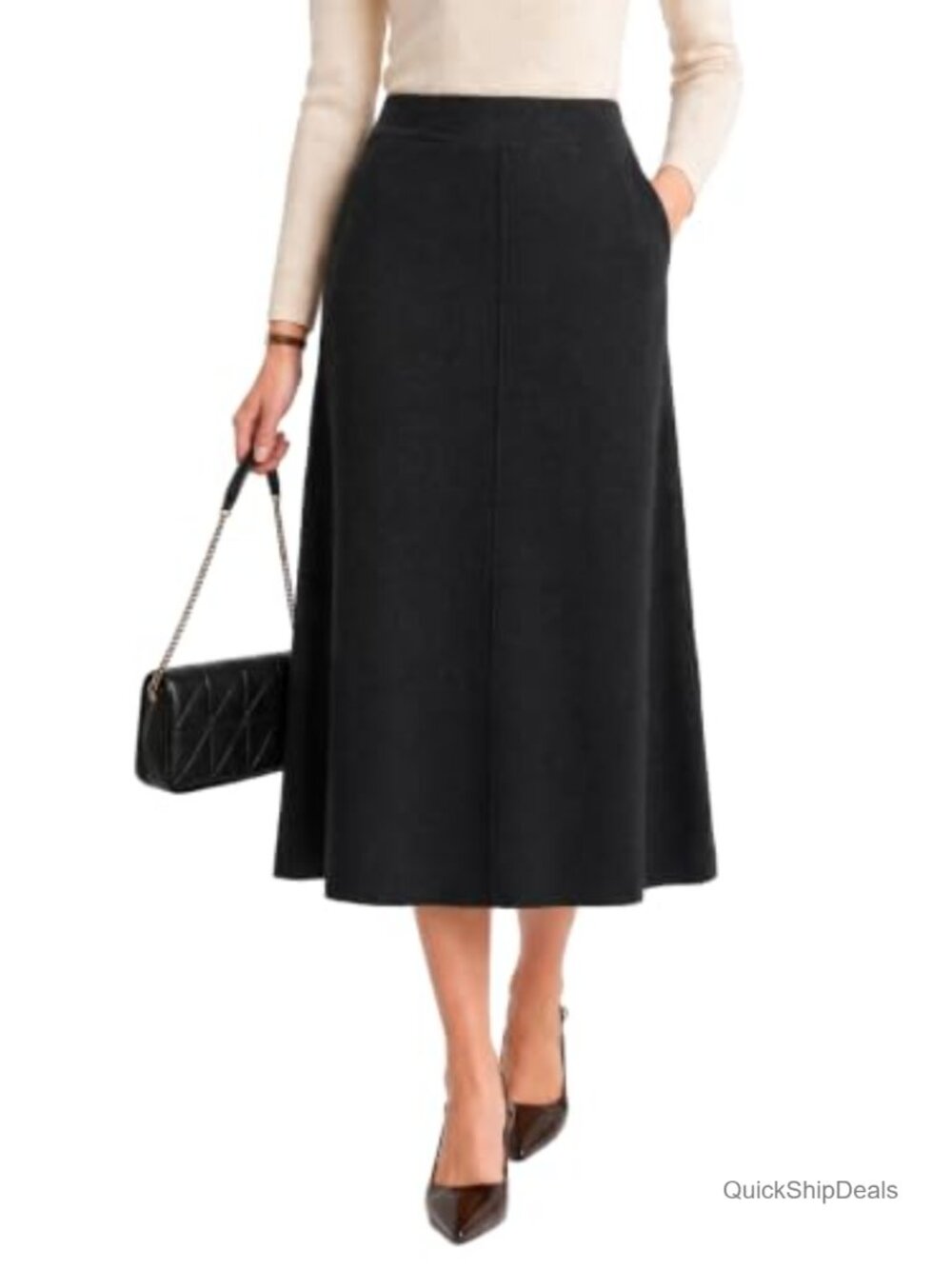 Wool Blend A-Line Midi Sweater Skirt Elastic High Waist Pockets Work